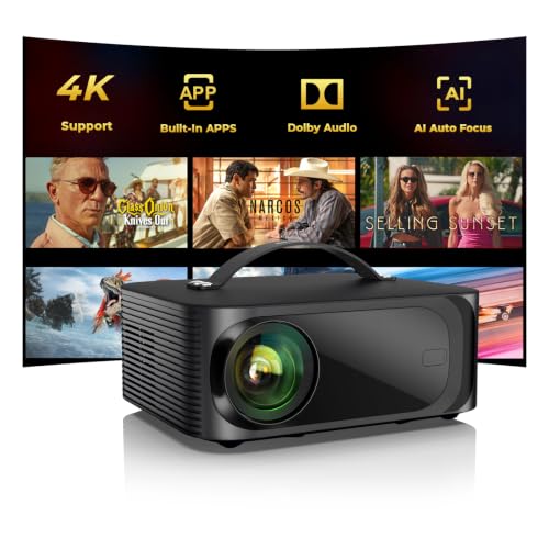 Outdoor-Projector-4K with WiFi and Bluetooth: [3000 Brightness/50W DoIby/Built-in APPs] Portable-Projector Smart OS 2.0&AI Auto Focus, ONOAYO Movie Proyector Compatible with Netflix/YouTube/PrimeVideo