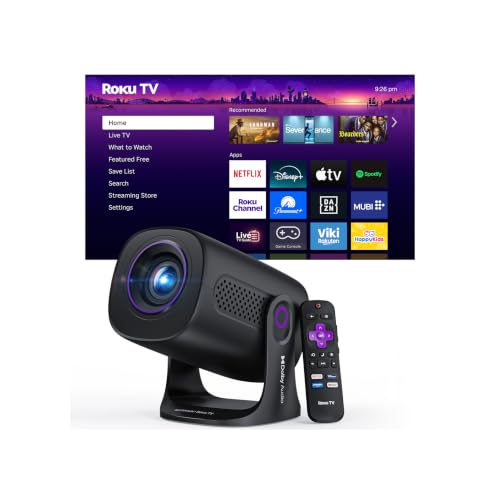 HAPPRUN Roku TV Smart Mini Projector with WiFi and Bluetooth for Portable | Roku Entertainment Built-in, Dolby Audio, Streaming Apps, Auto Keystone Smart Movie Projector for Outdoor & Home Theater