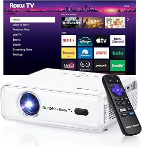 Aurzen Roku TV Smart Projector with Wifi and Bluetooth, Roku TV Built-in, 1080P FHD, DoIby